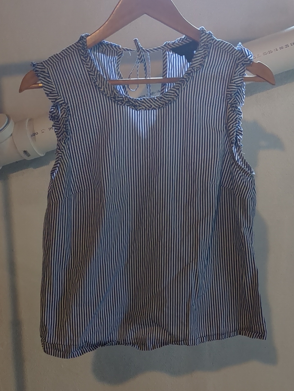 J. Crew Blue and White Striped Ruffle-Trim Sleeveless Camisole